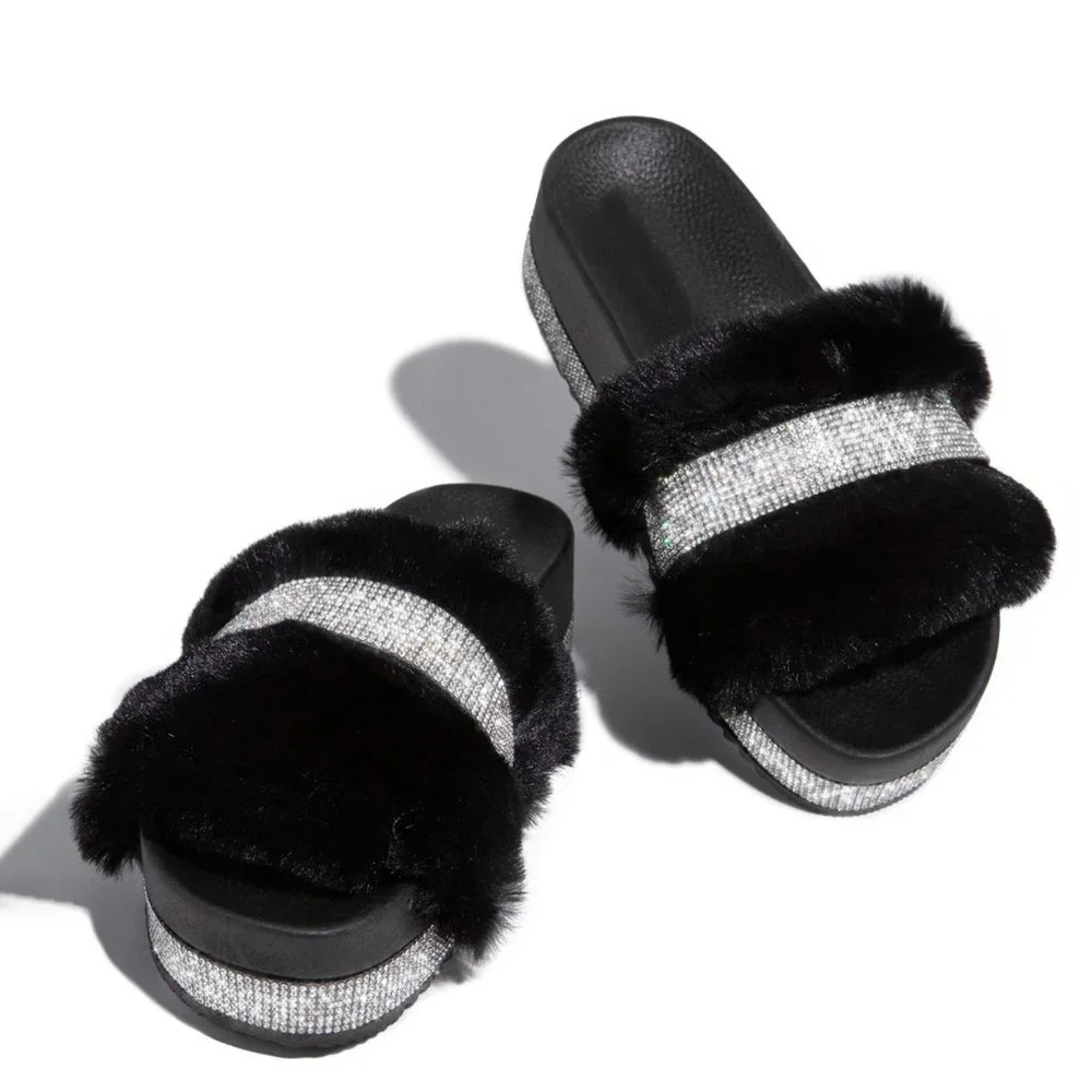 NEW Rhinestone Faux Fur Slide Sandal Flat Platform - Picture 3 of 5